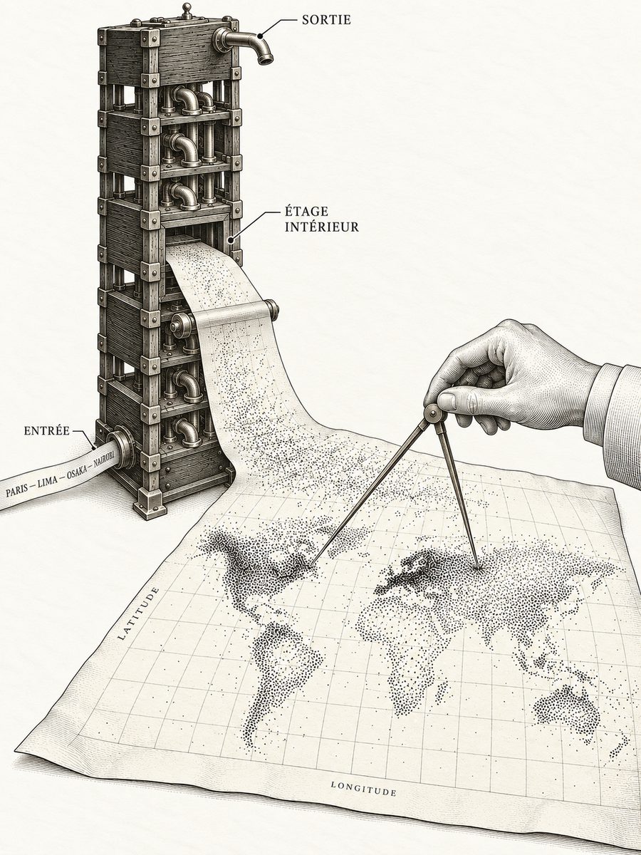 Planche 20, la mappemonde intérieure : les lieux rangés par le modèle selon deux axes
